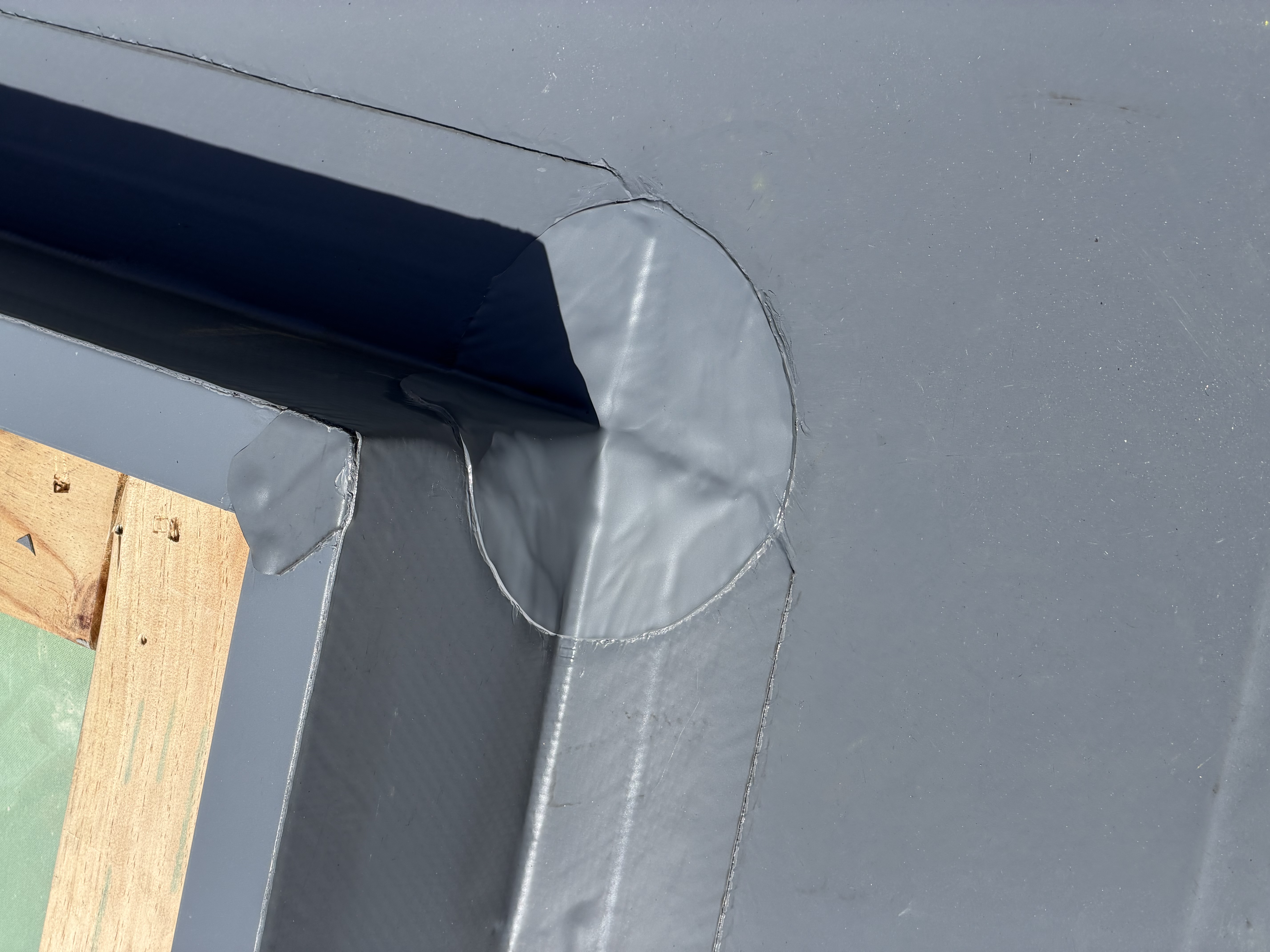 Heat-welded PVC membrane corner upstand detail — Stronghold Waterproofing Melbourne